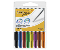 Pack de 8 marcadores para pizarra blanca con tinta a base de acetona. Punta cónica resistente de 1,4 mm. BIC.