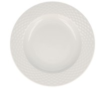 Plato hondo de 23 centímetros de diámetro, fabricado en porcelana con diseño trenzado en el ala EFG.