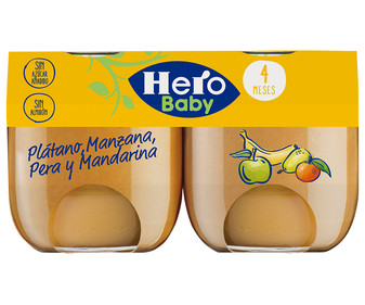 Tarrito de frutas ( pátano, manzana, pera y mandarina) y zanahoria, a partir de 4 meses HERO BABY 2 x 120 g. Tarrito de frutas ( pátano, manzana, pera y mandarina) y zanahoria, a partir de 4 meses HERO BABY 2 x 120 g.