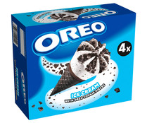 Cono con barquillo de chocolate y helado de nata con trocitos de galleta OREO 4 x 110 ml.