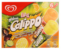 Mini polo de hielo, con sabor a naranja o limón CALIPPO Max 6 x 80 ml. Mini polo de hielo, con sabor a naranja o limón CALIPPO Max 6 x 80 ml.