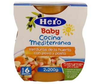 Tarrito de verduras de la huerta con pavo y pasta , partir de 6 meses HERO BABY Cocina mediterránea 2 x 100 g. Tarrito de verduras de la huerta con pavo y pasta , partir de 6 meses HERO BABY Cocina mediterránea 2 x 100 g.