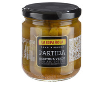 Aceituna verde con ajo entero y trozos de pimiento rojo LA ESPAÑOLA 195 g.