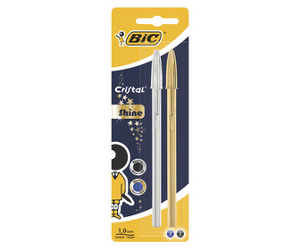 2 bolígrafos punta mediana, grosor 0.7mm, tinta líquida colores plata y oro BIC Cristal shine.
