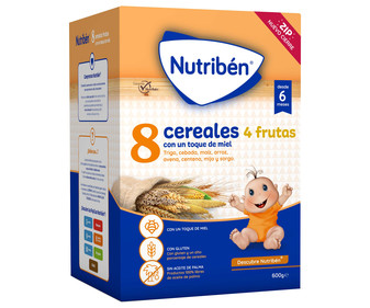 Papilla en polvo de 8 cereales con 4 frutas y un toque de miel, a partir de 6 meses NUTRIBÉN 600 g. Papilla en polvo de 8 cereales con 4 frutas y un toque de miel, a partir de 6 meses NUTRIBÉN 600 g.