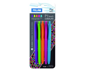 5 bolígrafos con tacto goma, punta fina y colores azul, rosa, naranja, verde y lila MILAN P1 touch. 5 bolígrafos con tacto goma, punta fina y colores azul, rosa, naranja, verde y lila MILAN P1 touch.