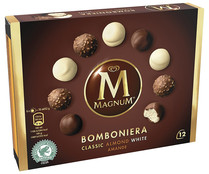 Bombones de helado de vainilla recubierto de chocolate, chocolate almendrado y chocolate blanco MAGNUN Bombonera 12 uds.