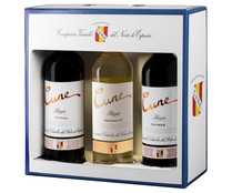 Estuche con botellas (2) de vino tinto crianza y botella de vino blanco con DOC Rioja CUNE.
