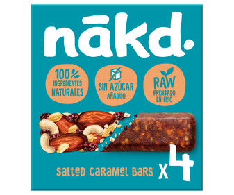 Barritas de fruta y frutos secos con caramelo salado, ingredientes 100 % naturales y sin azúcares añadidos NÁKD 4 uds. 140 g. Barritas de fruta y frutos secos con caramelo salado, ingredientes 100 % naturales y sin azúcares añadidos NÁKD 4 uds. 140 g.