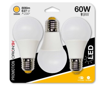 Pack de 3 bombillas Led E27, 9W=60W, luz cálida, PRIMER LEADER.