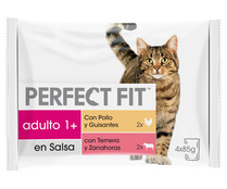 Alimento húmedo para gatos adultos en salsa PERFECT FIT 4 x 85 g.
