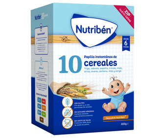 Papilla en polvo instantánea de 10 cereales a partir de 6 meses NUTRIBÉN 600 g. Papilla en polvo instantánea de 10 cereales a partir de 6 meses NUTRIBÉN 600 g.