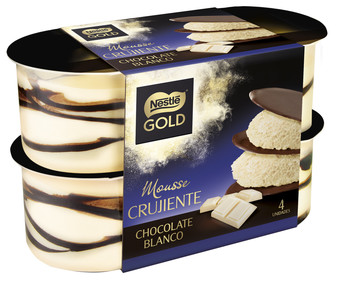 Mousse de chocolate blanco y finas laminas crujientes de chocolate NESTLÉ Gold 4 x 57 g. Mousse de chocolate blanco y finas laminas crujientes de chocolate NESTLÉ Gold 4 x 57 g.