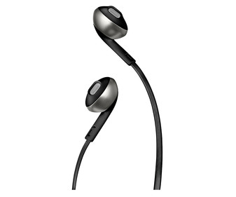 Auriculares tipo intrauditivo JBL T205 con micrófono, color negro.