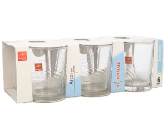 Pack de 6 vasos de agua Arcos, con capacidad de 27 centilitros y fabricados en vidrio BORMIOLI. Pack de 6 vasos de agua Arcos, con capacidad de 27 centilitros y fabricados en vidrio BORMIOLI.