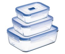 3 recipientes de vidrio con tapa hermética, 38, 82 y 122 centilitros, Pure Box Active de LUMINARC.