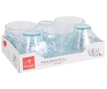 Pack de 6 vasos de vidrio color azul con decoración en relieve, 0,26 litros, Flora BORMIOLI ROCCO.