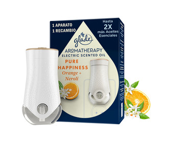 Ambientador eléctrico aparato Pure Happiness (naranja + neroli) GLADE AROMATHERAPY 20 ml. Ambientador eléctrico aparato Pure Happiness (naranja + neroli) GLADE AROMATHERAPY 20 ml.