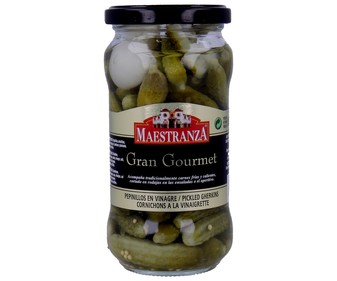 Pepinillos pequeños en vinagre MAESTRANZA frasco de 180 g. Pepinillos pequeños en vinagre MAESTRANZA frasco de 180 g.