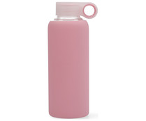 Botella de vidrio con cubierta de silicona color rosa y tapón de rosca, 0,5 litros QUID.