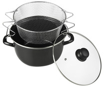 Cacerola freidora de acero esmaltado apta para inducción con cestillo, asas y tapa de vidrio, 26 cm. ACTUEL.