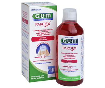 Enjuague bucal sin alcohol y de uso diario con acción intensiva que alivia las molestias de las encías sensibles GUM Paroex 500 ml. Enjuague bucal sin alcohol y de uso diario con acción intensiva que alivia las molestias de las encías sensibles GUM Paroex 500 ml.