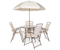 Conjunto de muebles de jardín 4 plazas con con mesa, 4 sillas y sombrilla de acero y textileno color negro/beige, Prusia IKUNIK.