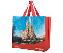 Bolsa grande de rafia reutilizable con diseño de la Sagrada Familia, Barcelona, ALCAMPO.