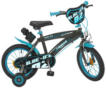 Bicicleta infantil de 16" (40,64cm.) con ruedines, bidón y guardabarros, color negro y azul, Blue Ice TOIMSA