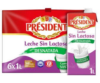 Leche de vaca desnatada y sin lactosa de origen 100% española PRESIDENT 6 x 1 l. Leche de vaca desnatada y sin lactosa de origen 100% española PRESIDENT 6 x 1 l.