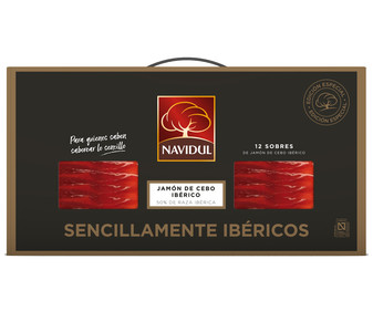 Maletín con 12 sobres de 75 g. de jamón de cebo ibérico (50% raza ibérica), cortado en lonchas NAVIDUL. Maletín con 12 sobres de 75 g. de jamón de cebo ibérico (50% raza ibérica), cortado en lonchas NAVIDUL.