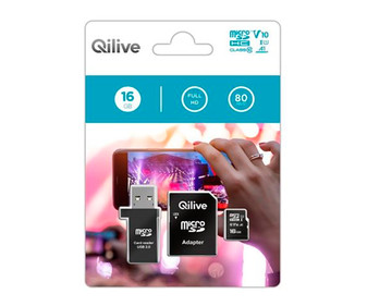 Tarjeta de memoria QILIVE 16GB MicroSDHC UHS-U1 V10, 80Mb/s, Clase 10 + Lector de tarjetas. Tarjeta de memoria QILIVE 16GB MicroSDHC UHS-U1 V10, 80Mb/s, Clase 10 + Lector de tarjetas.