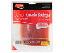 Jamón curado bodega, cortado en lonchas con microfilm separador ESPUÑA 200 g.