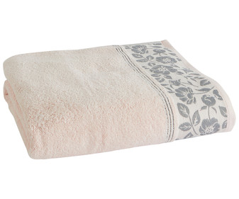 Toalla de baño 100% algodón color rosa palo con cenefa de flores, 500g/m² ACTUEL. Toalla de baño 100% algodón color rosa palo con cenefa de flores, 500g/m² ACTUEL.
