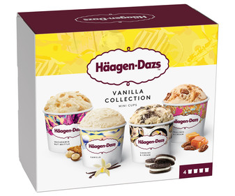 Mini tarrinas de helado de vainilla con caramelo, cookies, o nueces de Macadamia HÄGEN-DAZS Collection 4 x 100 ml. Mini tarrinas de helado de vainilla con caramelo, cookies, o nueces de Macadamia HÄGEN-DAZS Collection 4 x 100 ml.