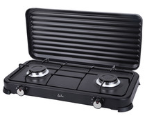 Cocina gas portátil JATA JECG2702 2 quemadores, tapa protectora extraíble.