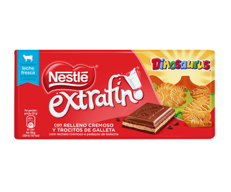 Chocolate con leche con relleno cremoso y trocitos de galleta, (Dinosaurus) NESTLÉ EXTRAFINO 120 g. Chocolate con leche con relleno cremoso y trocitos de galleta, (Dinosaurus) NESTLÉ EXTRAFINO 120 g.
