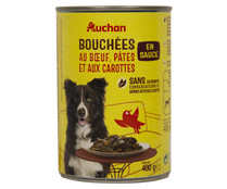 Bocaditos en salsa con trozos de vacuno, pasta y zanahorias para perros PRODUCTO ALCAMPO 400 g.