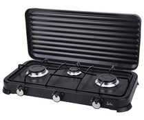 Cocina gas portátil JATA JECG2703 3 quemadores, tapa protectora extraíble.