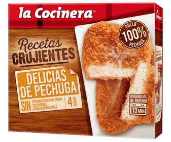Pechugas de pollo empanadas, prefritas y ultracongeladas LA COCINERA Recetas crujientes 330 g. Pechugas de pollo empanadas, prefritas y ultracongeladas LA COCINERA Recetas crujientes 330 g.