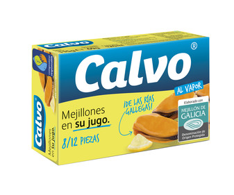 Mejillones en su jugo al vapor. 8/12 piezas CALVO lata de 69 g. Mejillones en su jugo al vapor. 8/12 piezas CALVO lata de 69 g.