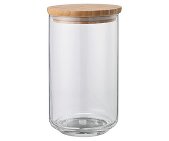 Bote de vidrio con tapa de madera, capacidad 0,9 litro, H: 21,5cm, A: 8,3cm, ACTUEL. Bote de vidrio con tapa de madera, capacidad 0,9 litro, H: 21,5cm, A: 8,3cm, ACTUEL.