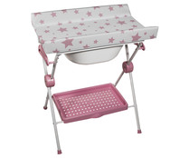 Bañera con cambiador y cubeta, tubo desagüe, bandeja portaobjetos, 4 ruedas, color rosa, PLASTIMYR.