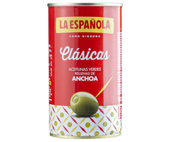 Aceitunas verdes rellenas de anchoa LA ESPAÑOLA Clásicas lata de 150 g. Aceitunas verdes rellenas de anchoa LA ESPAÑOLA Clásicas lata de 150 g.