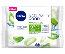 Toallitas desmaquillantes biodegradables, con aloe vera bio, que eliminan hasta el maquillaje waterproof NIVEA Naturally good 25 uds.