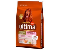 Pienso de salmón, arroz y verduras para perros de +10kg, ULTIMA SENSIBLE, saco de 7 kg.