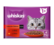 Pienso húmedo para gatos bolsa de carne gelatina WHISKAS 4x85 gr.
