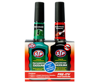 Kit pre-ITV para motores gasolina que incluye: 1 limpia inyectores y 1 tratamiento gasolina STP 200+200 mililitros. Kit pre-ITV para motores gasolina que incluye: 1 limpia inyectores y 1 tratamiento gasolina STP 200+200 mililitros.