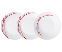 Vajilla de 18 piezas redondas fabricadas en vidrio opal color blanco con detalle lateral de lineas rojas, Domitille ARCOPAL.