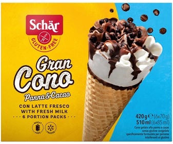 Cono de helado sin gluten de nata y chocolate, con pepitas de chocolate SCHÄR 6 x 85 ml. Cono de helado sin gluten de nata y chocolate, con pepitas de chocolate SCHÄR 6 x 85 ml.